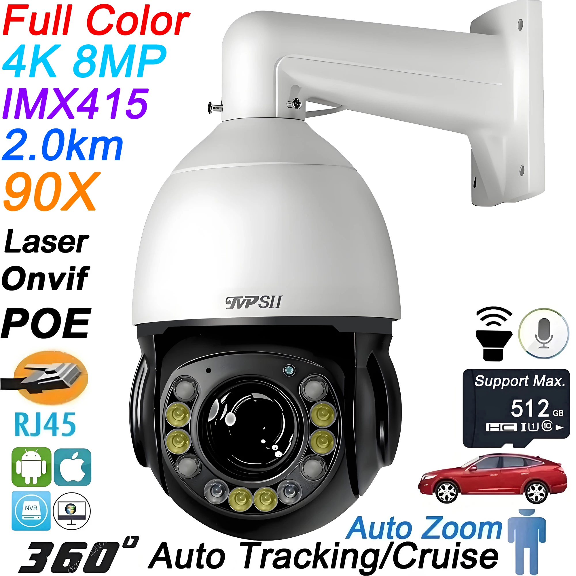 Laser Infrared Full Color Auto Tracking Cruise 8MP 4K 90X Optical Zoom 360° Onvif POE PTZ IP Surveillance Speed Dome Camera