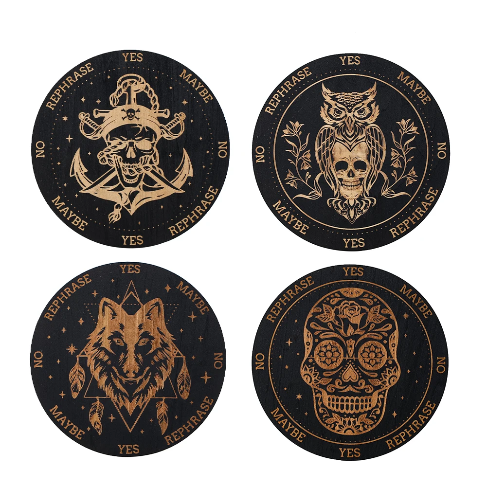 15cm Black Round Wood Board Rose Piracy Skull Owl Wolf Laser Engraved Divination Game Board Yes or No Decision Board Witch Props