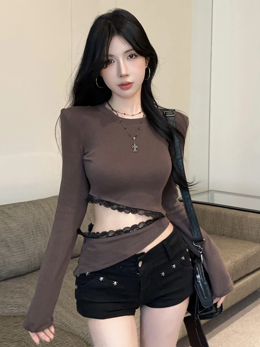 Sexy Lace Trim Belted Two-Way Long Sleeve Slim Fit Design Base Layer Top High Waist Flattering for All Body Types Polyester F...