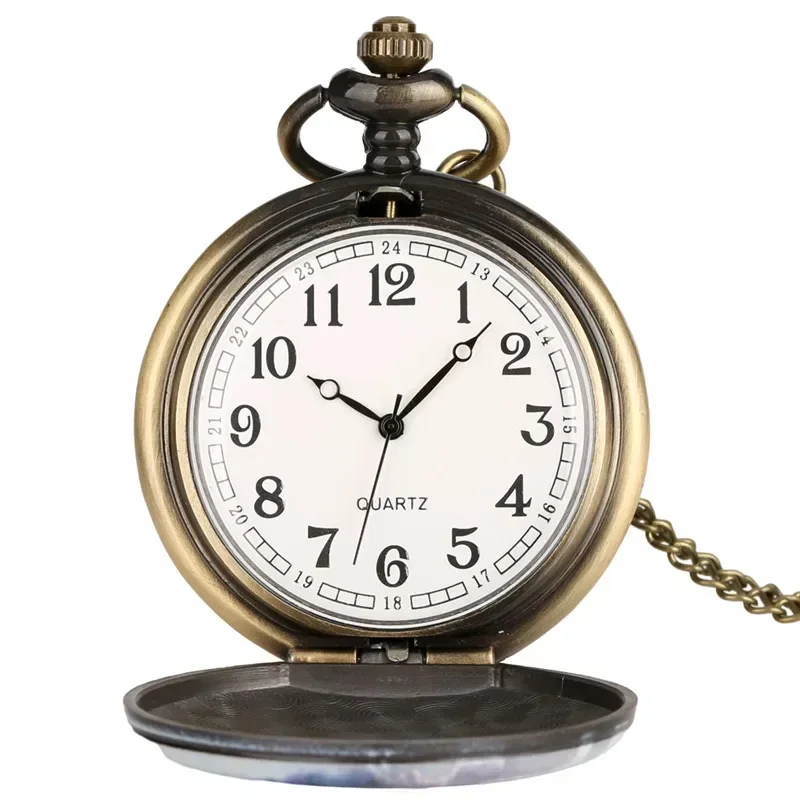 Old Fashion Railway Station Pocket Watch Steam Train Design Quartz Analog Clock for Men Women Sweater Necklace Chain Timepiece