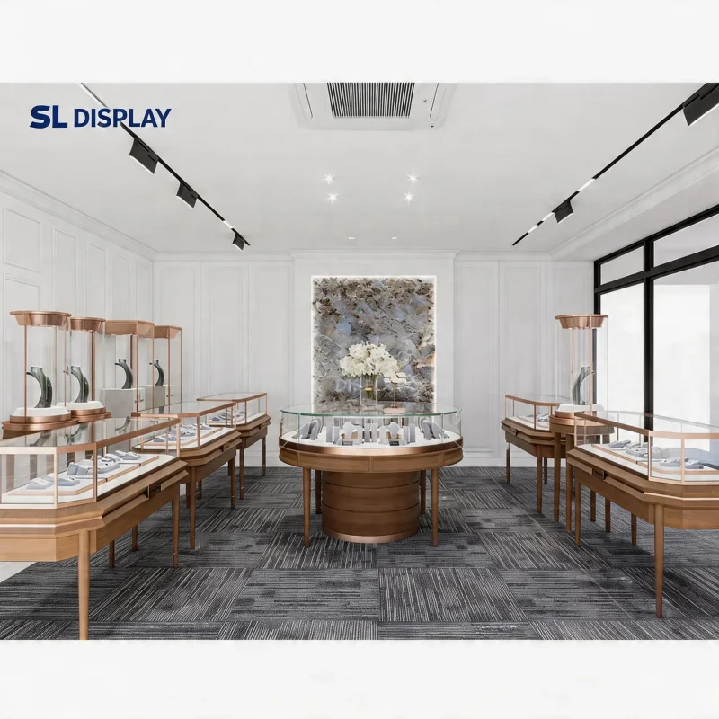 custom.Luxury Jewelry Shop Round Jewelry Display Counter Interior Design Corner showcase Island Kiosk Led Display C