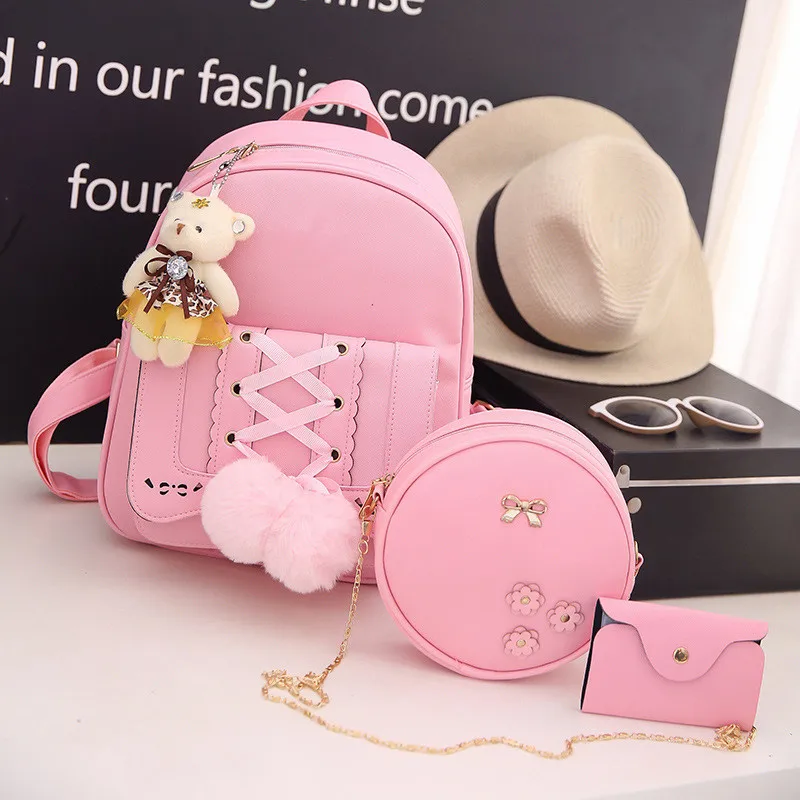 2022 New Fashion Women\'s PU Student Fashion Children\'s Mother Backpack Wallet Satchel Three Piece Set