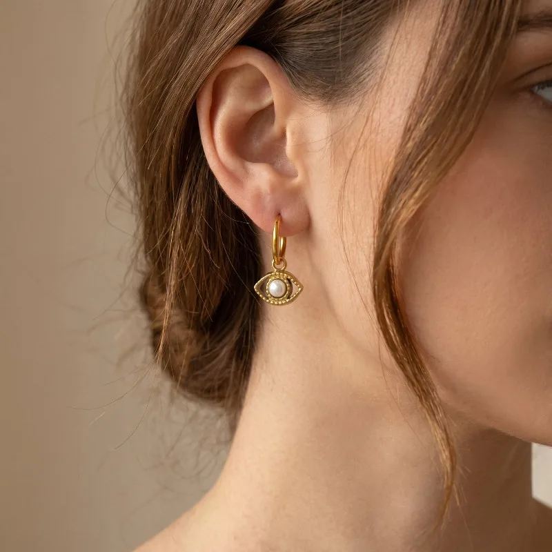 Dainty Evil Eye Pearl Drop Huggie Earrings Gold Tone Tiny Eye Charm Ladies Daily Ear Accessories