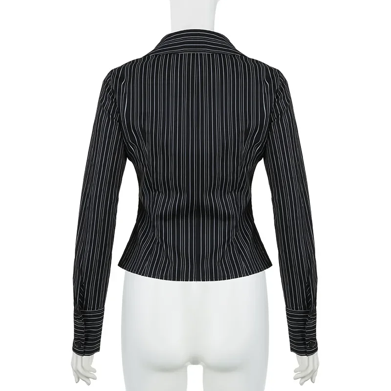 Chic Elegant Striped Button-up Shirt Black Casual Basic Slim-fitting Blouse Vintage Turn-down Collar Long Sleeve Tops