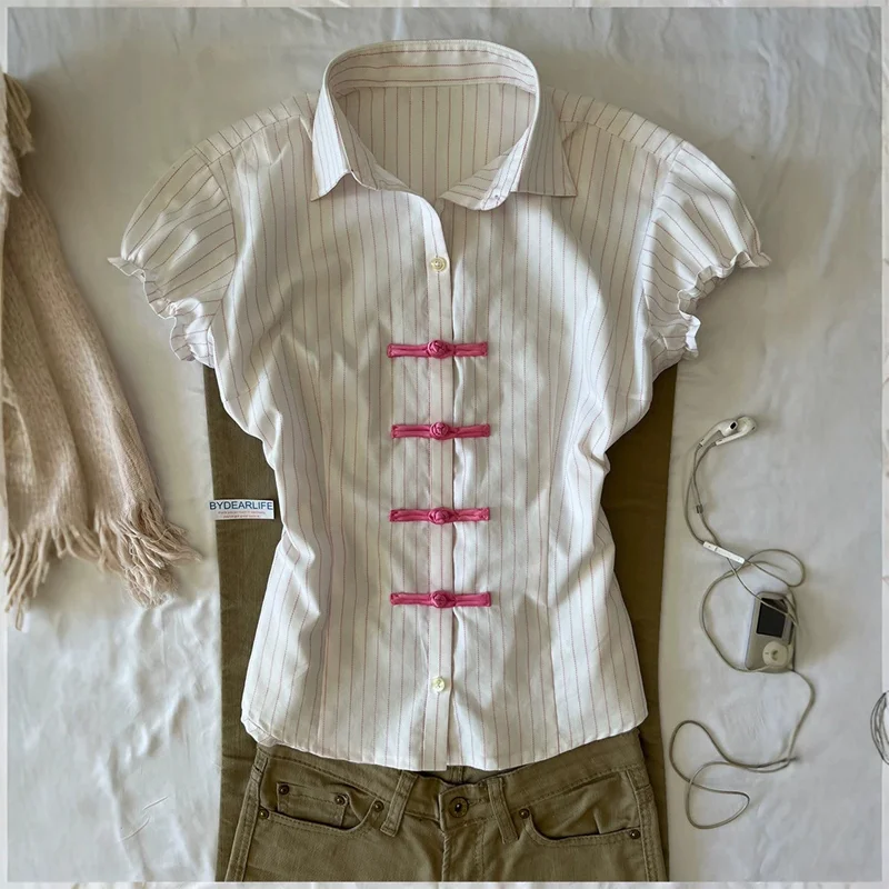 2026 New Women Short Sleeve T Shirt Striped Collared Top Frog Button Slim Fit Vintage Chinese Style Casual Summer Blouse