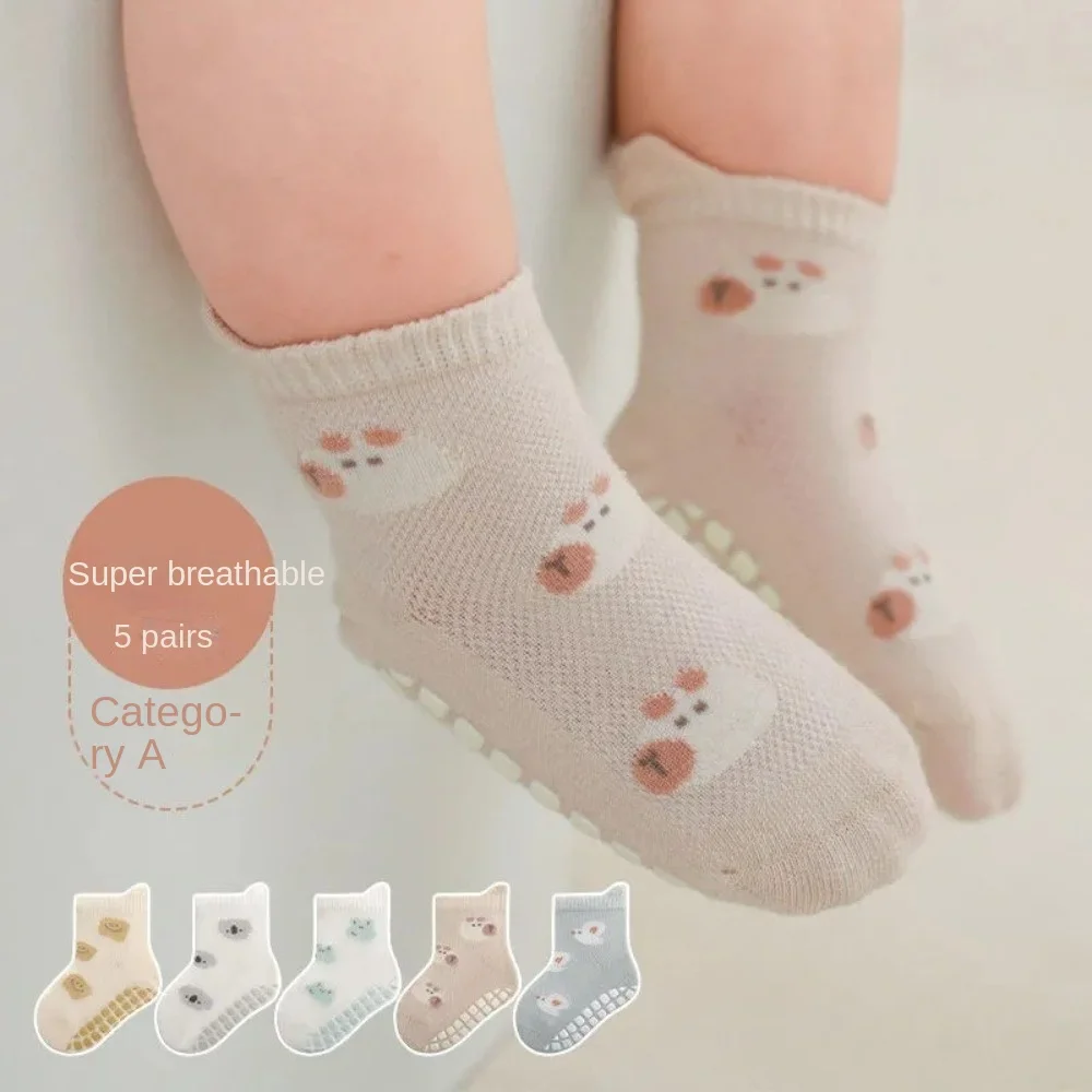 5 Pairs Cute Cartoon Pattern Childrens Non-Slip Socks Comfortable Breathable Floor Socks Summer Mesh Socks Toddler Socks