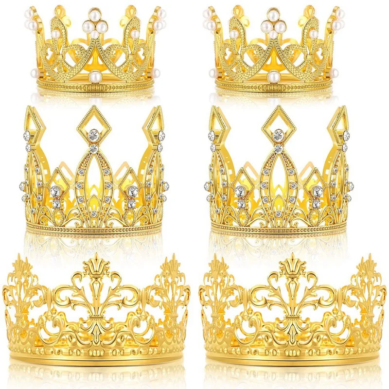 6 Pcs Crown Cake Topper Gold Mini Crown Cake Topper Crystal Pearl Tiara Cupcake Toppers For Wedding Birthday Party