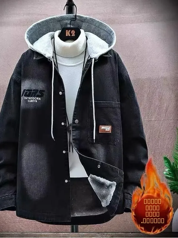 

Thickened Fleece Casual Denim Jacket Men's Autumn Winter Printed Loose Fit Jacket Youthful Style Long Sleeve Button Closure
