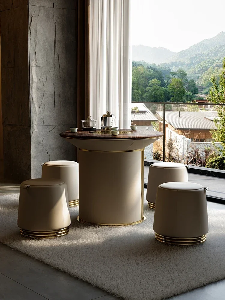 Round Tea Table Solid Wood Modern Home Balcony Mobile Small Tea Table Automatic Water Feeding Integrated Tea Cart