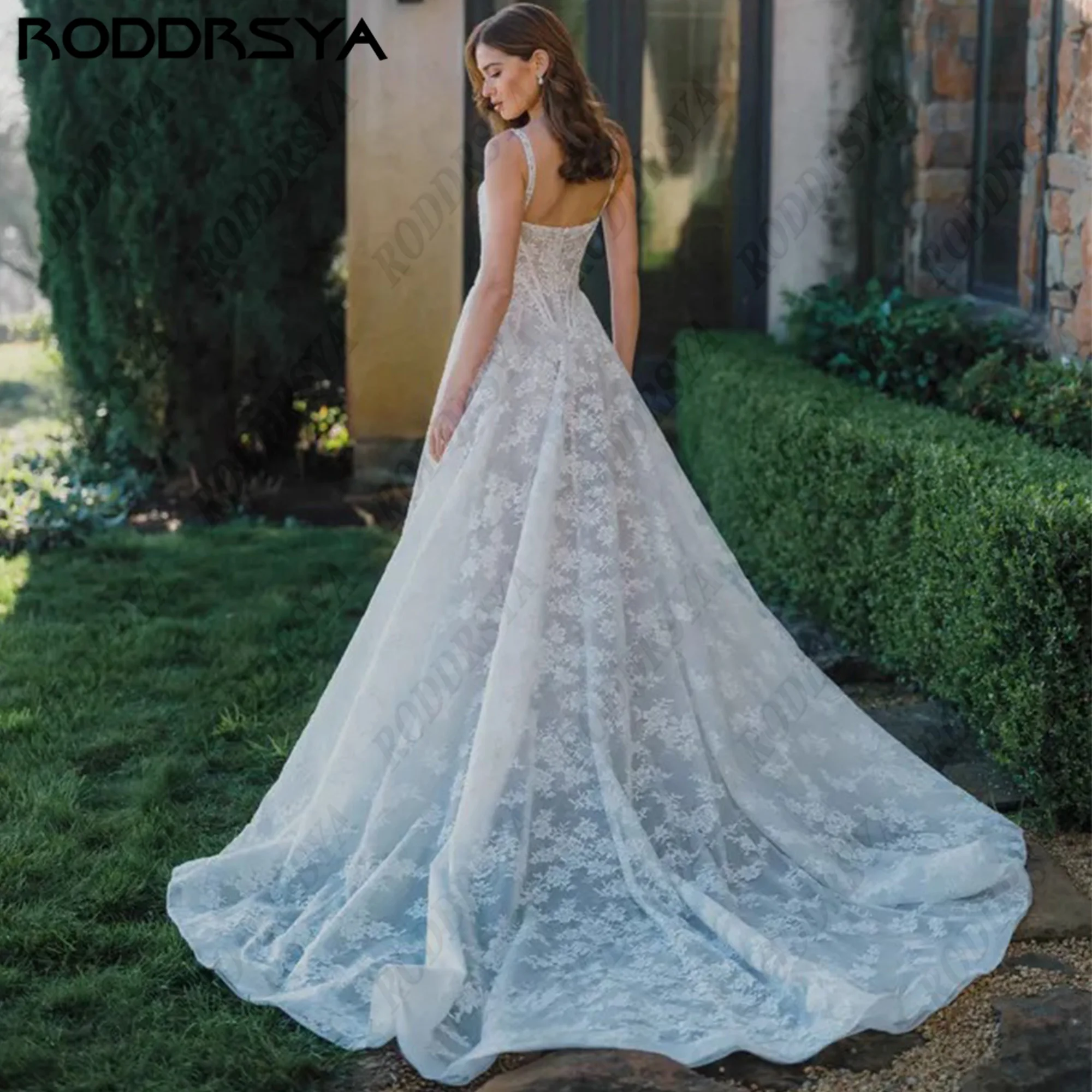 RODDRSYA Customized Square Neck A-Line Wedding Dress Lace Appliques Tulle Bridal Gown Spaghetti Straps Bride Dresses For Women