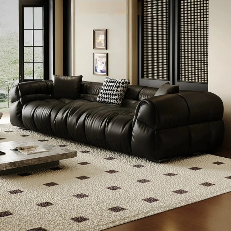 Italian Minimalist Cloud Lounge Furnish Black Channel Tufted Rest sofa Modern Retro Family Living Room Top Grain Leather sofa