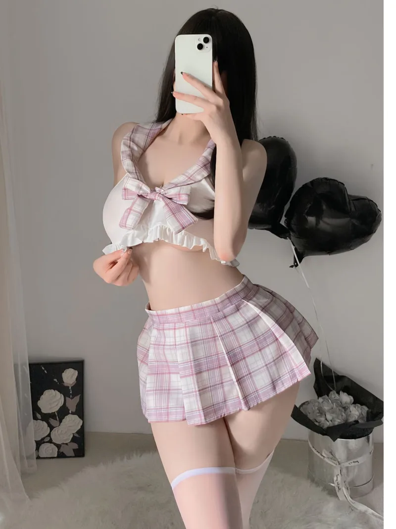 

Erotic Sheer Fun Underwear Sexy Uniform Temptation Spicy Plaid Mini Skirt Set Bowknot Neck Mounted Sweet Cute Backless JTPX