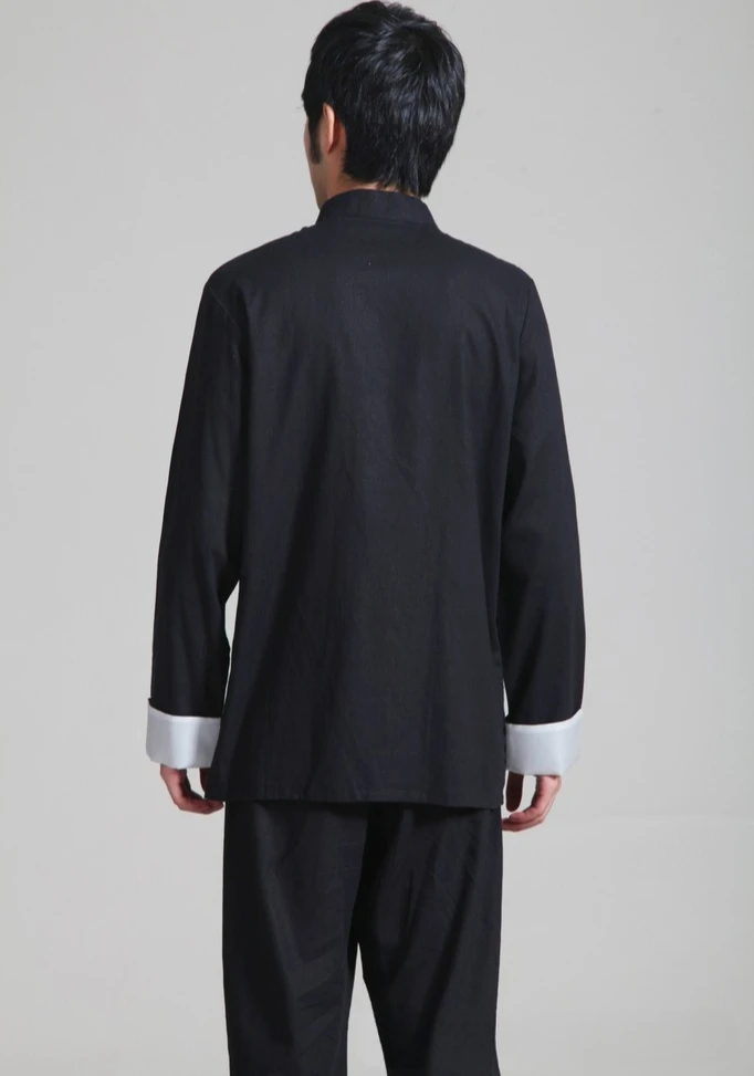Chinese-style Men's Black Cotton-linen Two-piece Set, Featuring A Stand-up Collar Long-sleeve Shirt and Pants.