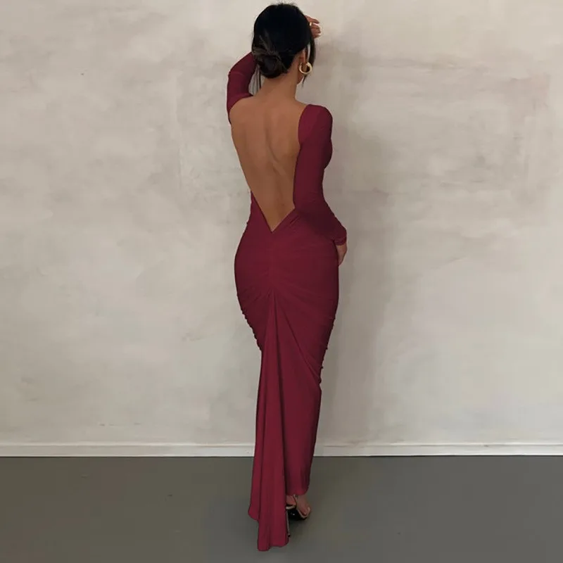 Party Dresses Vestido Evening Dress 2025 Woman French Sexy Temperament Elegant Slim Package Hip Backless Solid Color Long Sleeve
