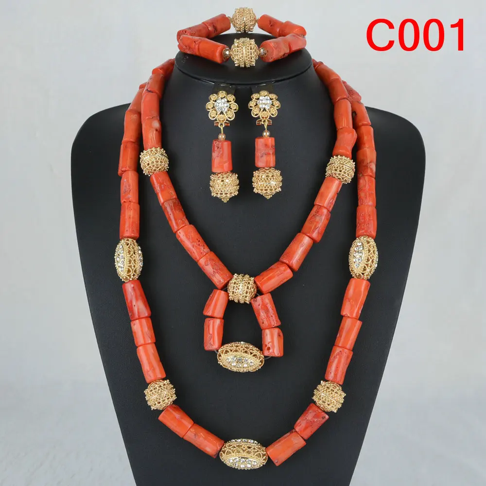 Fashion Nigeria New Wedding Couple Jewelry African Bride Marriage Necklace Natural Red Coral Jewelry Set