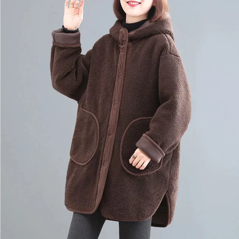 2024 Winter New Korean Loose Lamb Wool Coat Women\'s Thicken Cotton Jacket Ladies Hooded Coat Female Warm Long Parkas Overcoat