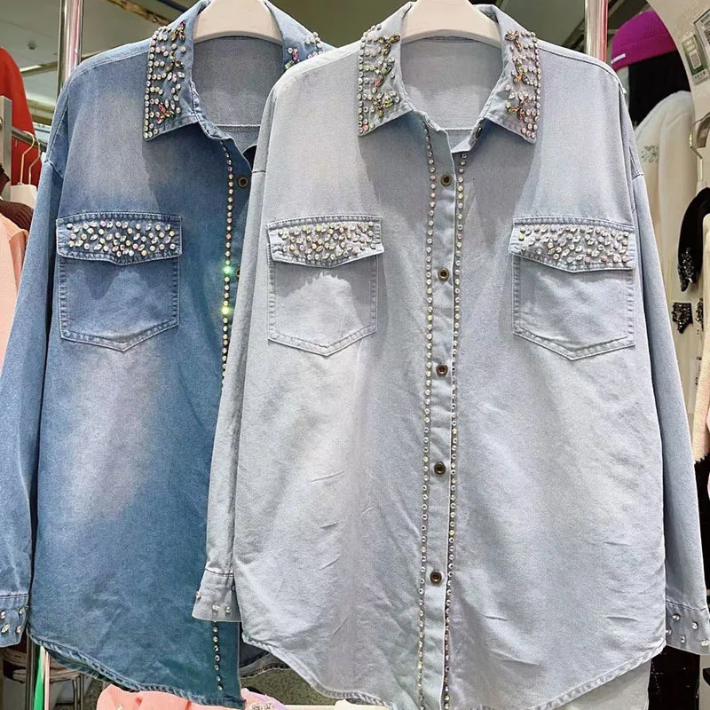 Women's denim Shirt Full Diamonds Loose Lapel Rhinestone Single Breasted Long Sleeve Blouse 2024 Summer New Fashion