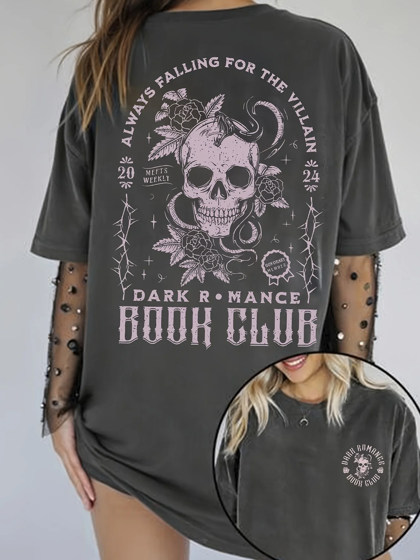 Women's Retro Washed Crew Neck Large Size T-shirt, Patterned Printed Crew Neck Short Sleeve T-shirt