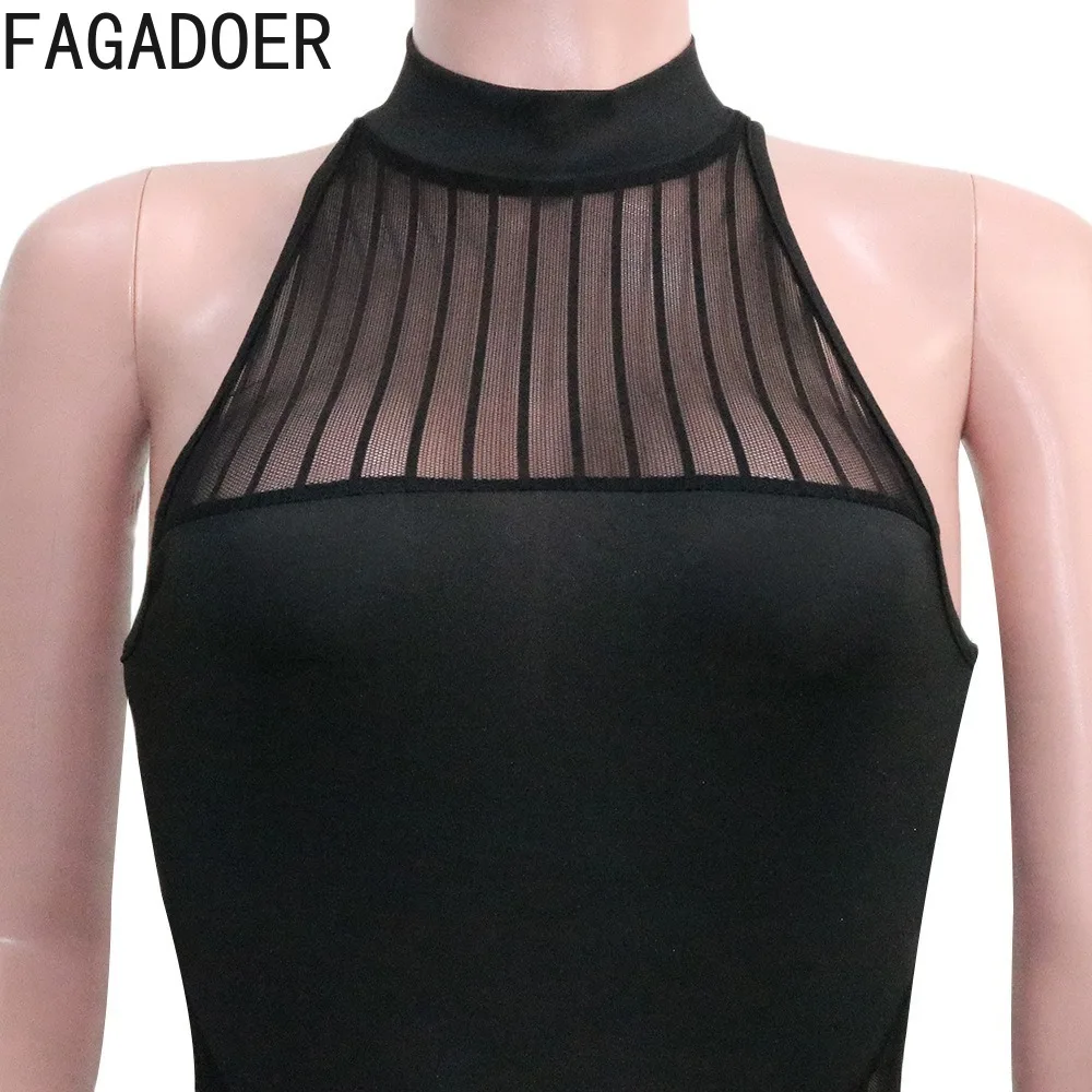 FAGADOER Fashion Mesh Splicing Perspective Bodycon Jumpsuits Women Round Neck Sleevleess Slim Nightclub Playsuits Female Overall