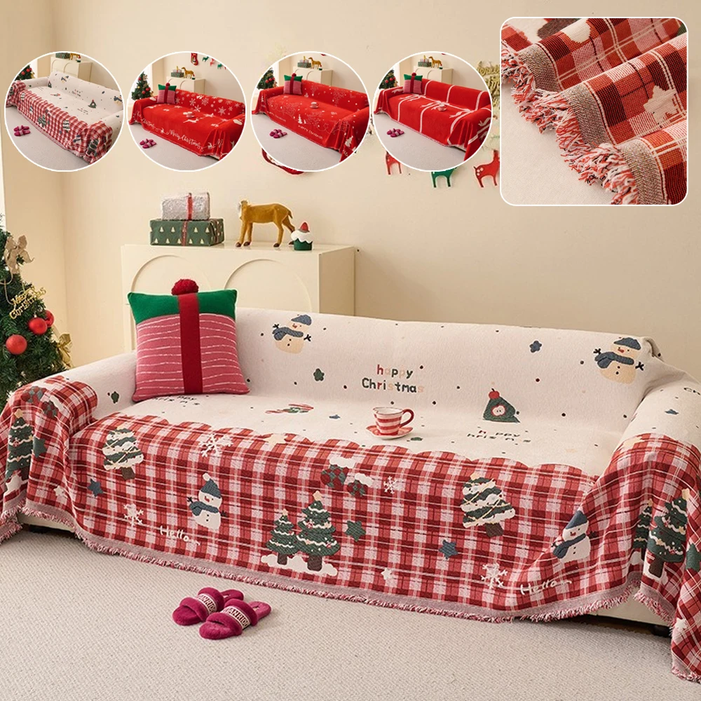 

Red Chenille Sofa Towel with Tassels Edge Dustproof Christmas Reindeer Snowflake Pattern Sofa Cover Soft Blanket Décoration Noël