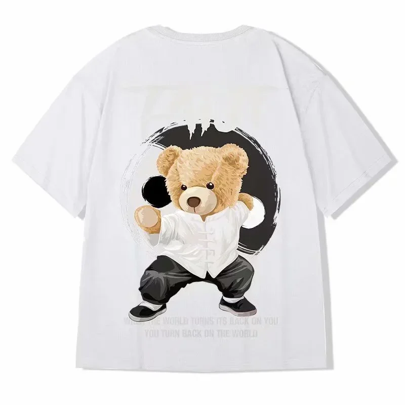 M-8XL Men\'s T Shirt Oversized Streetwear Hip Hop Loose Fashion Korean Short Sleeve Round Neck Print Kung Fu Bear Couple Clothes