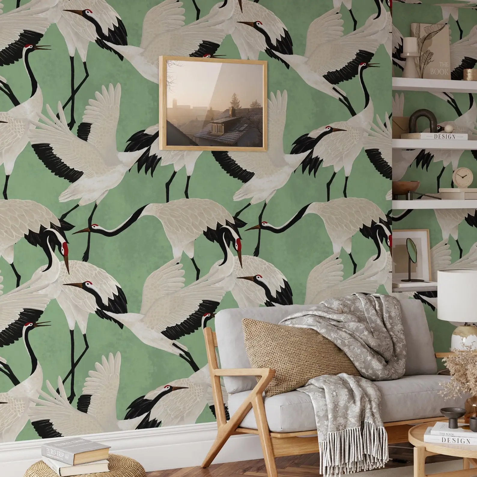 Customized wallpaper with hand-painted crane patterns, featuring pink, green, and gold colored flying crane 3d wallpaper murals