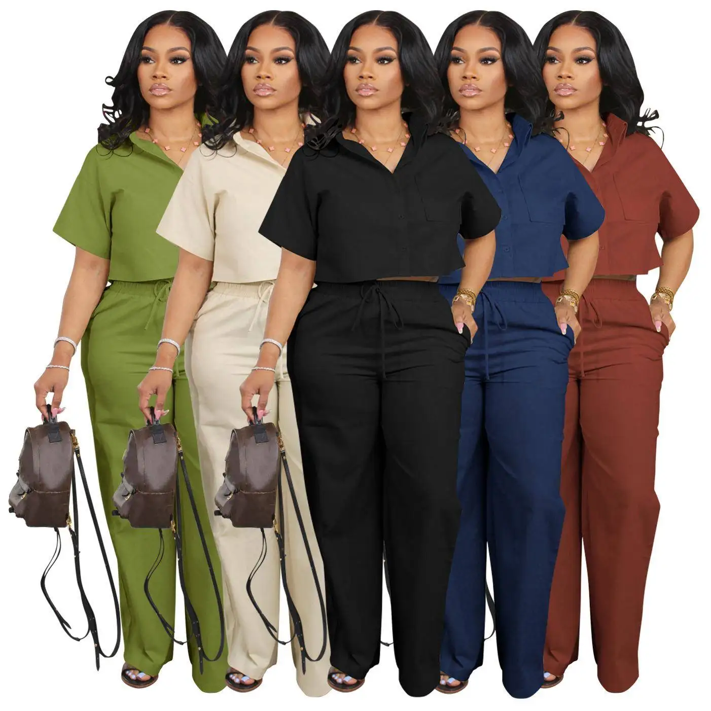 

Women's Linen Short Sleeve Shirt And Sport Pants Two-Piece Set Casual Office Wear Summer Fashion Outfit Polyester Fiber