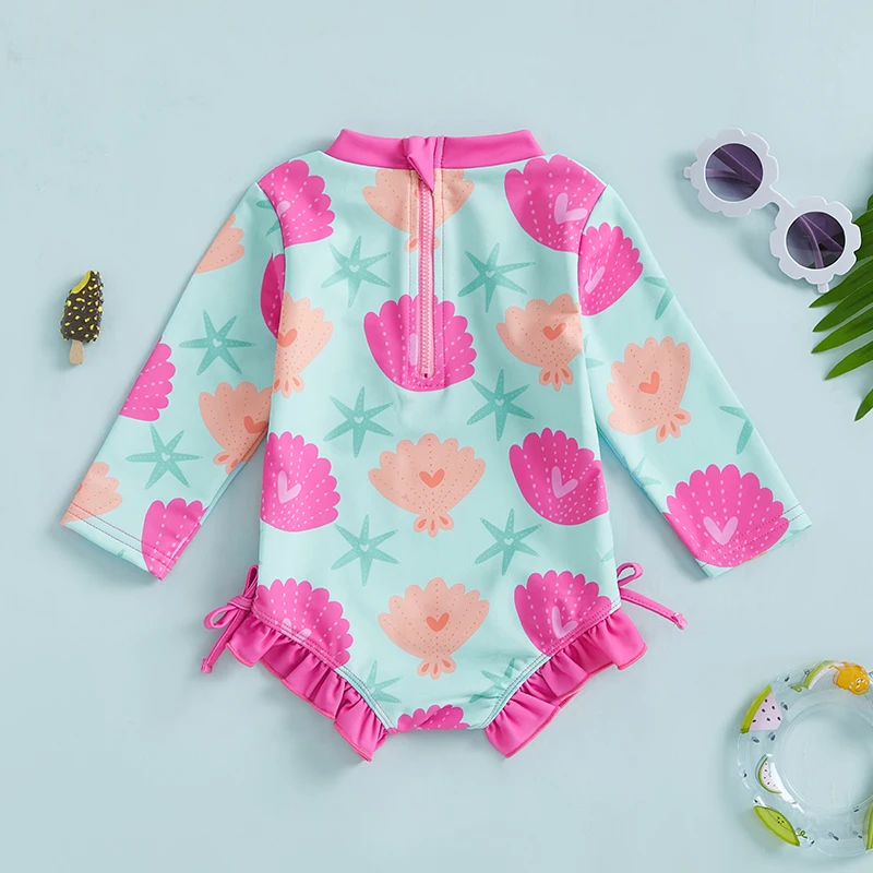 Toddler Girls Rash Guard Swimsuit Rompers Long Sleeve Shell Print Baby Ruffles Bathing Suit Swimwear