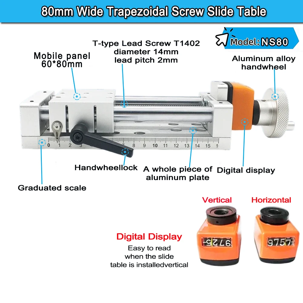 80mm/100mm Wide CNC Manual Sliding Table Trapezoidal Screw Linear Actuator With Digital Display Position Counter Handwheel XYZ