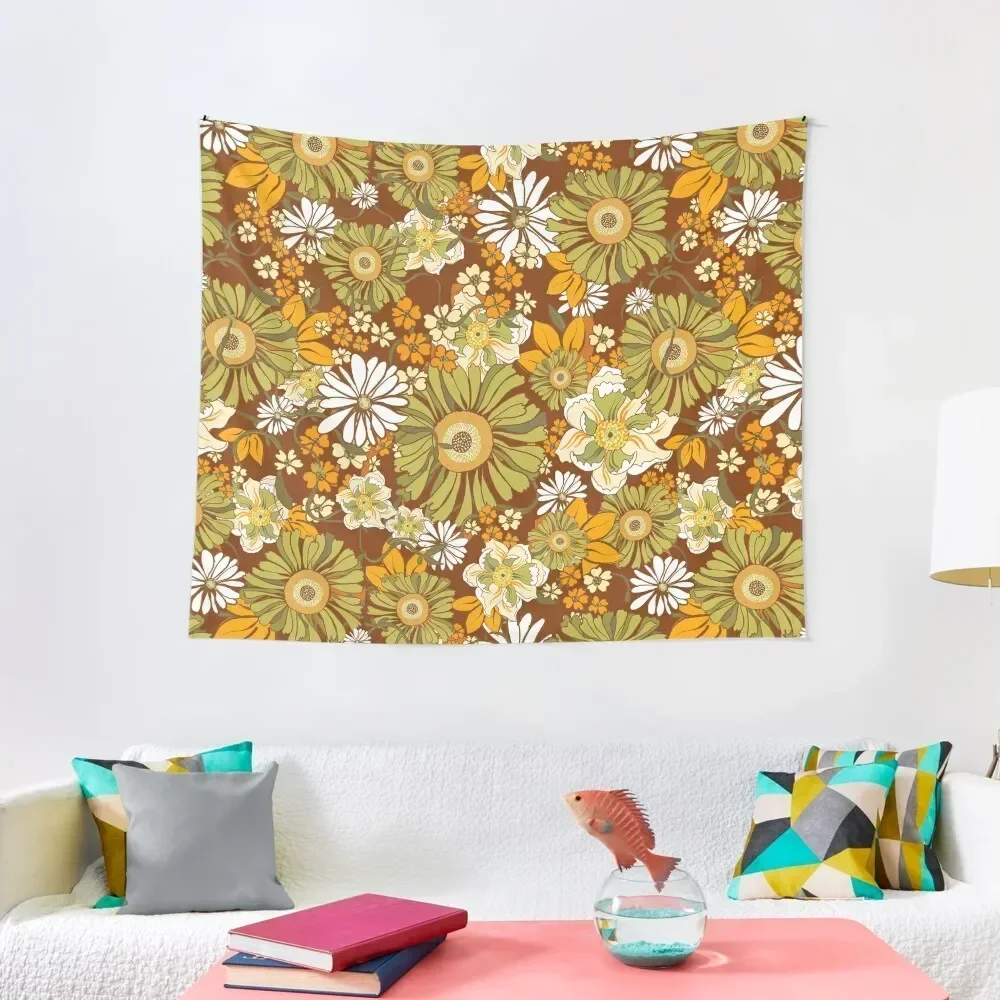 

70s Retro Vintage Flower Power pattern boho, orange, brown, Tapestry Aesthetic Room Decor Wall Art Tapestry