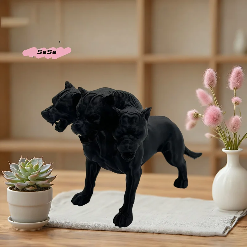 S-1 Pc Gothic Three-Headed Dog Statue Scary Black Design Desktop Ornaments Spooky Home Decor Desk Accessory