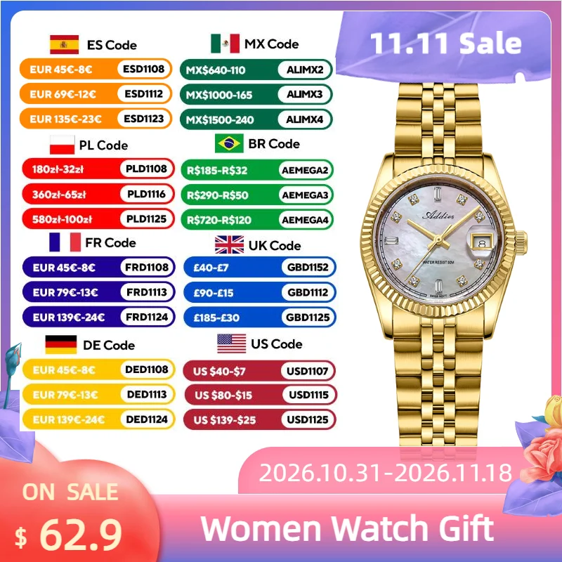 ADDIES New Luxury Quartz Woman Watch Fashion Sapphire Glass 5Bar Waterproof Dress Stainless Steel Business Women Wristwatch