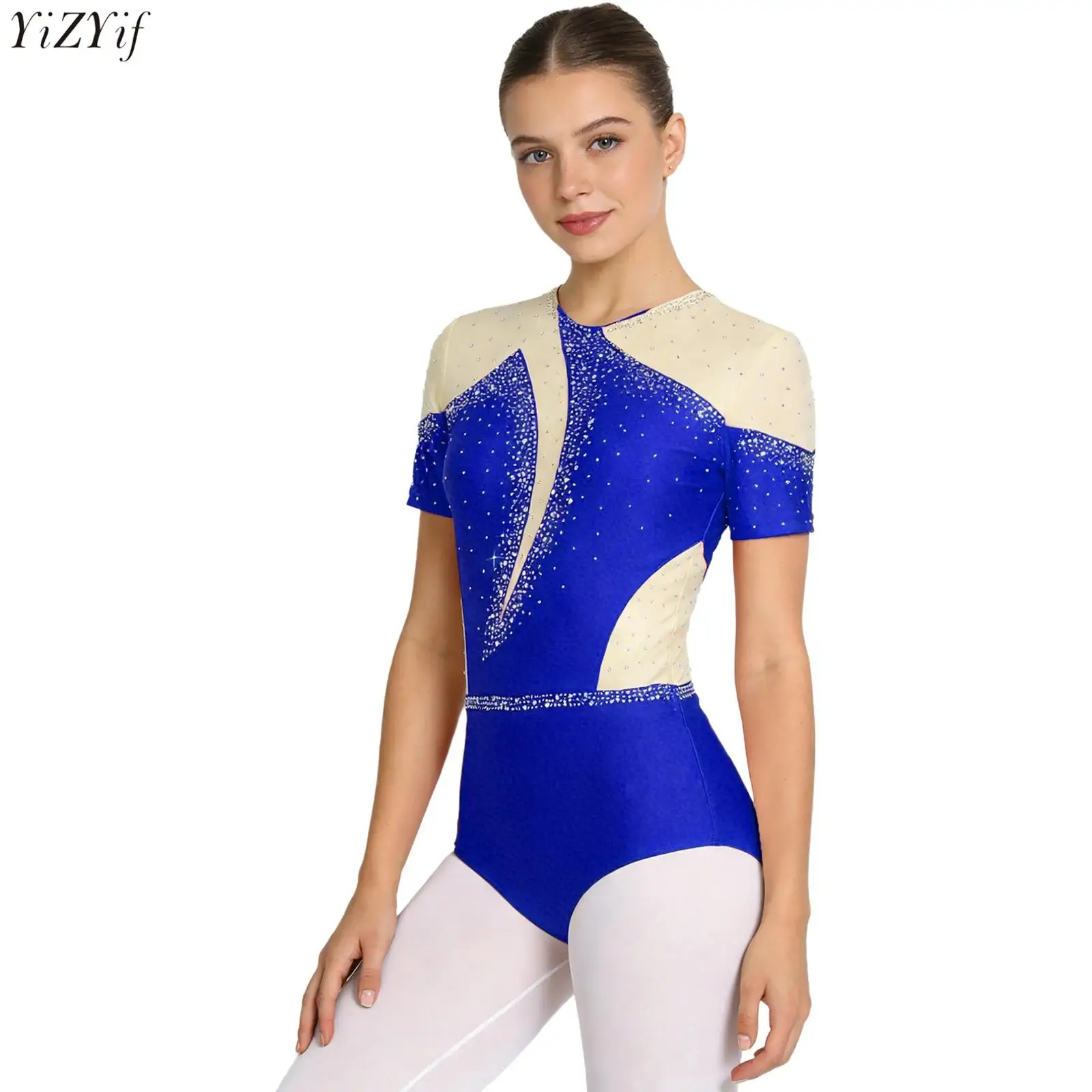 ชุดบอดี้สูทสำหรับเล่นสเก็ตน้ำแข็งสำหรับผู้หญิง ประดับด้วยคริสตัลวิบวับ ผ้าตาข่ายโปร่ง แขนสั้น ด้านหลังเว้า ชุดออกกำลังกาย ชุดเต้น