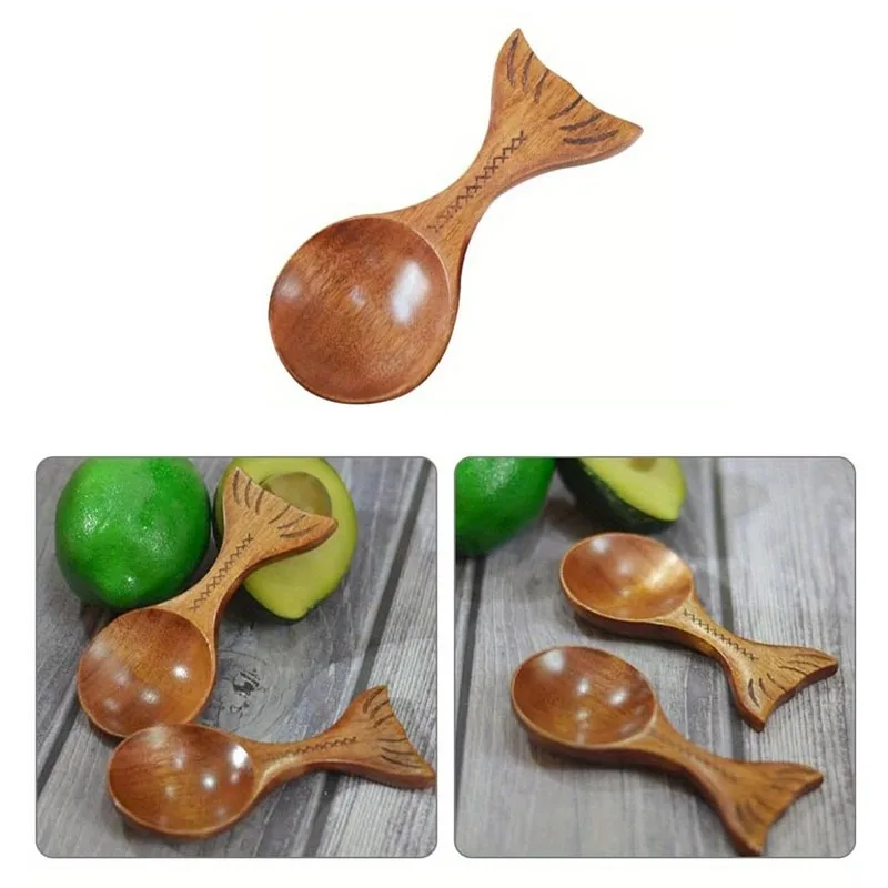 Creative Fish-Shaped Wooden Utensil Includes Sauce Dish Measuring Spoon for Powder and BeansFishtail Design Spoons for Salt
