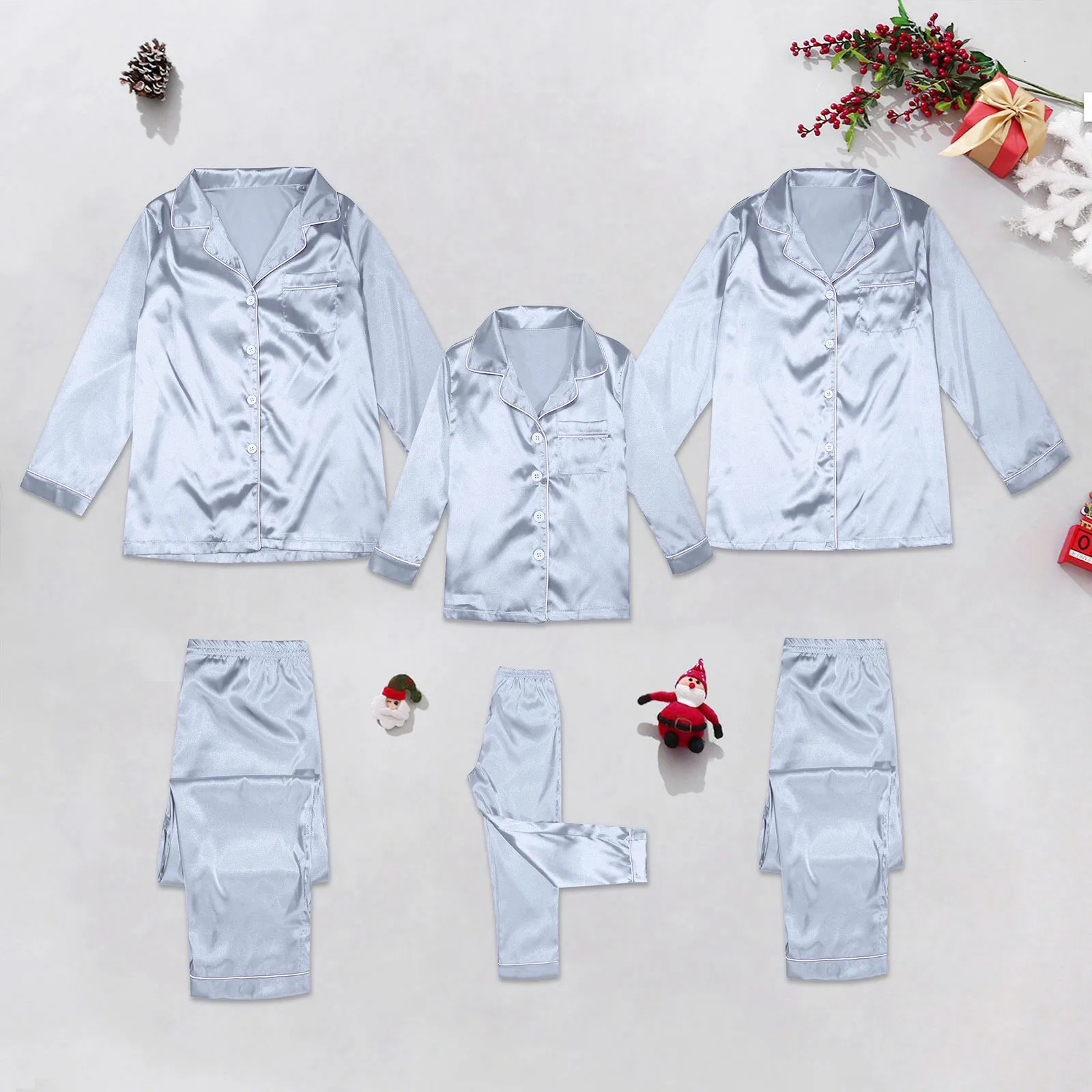 Christmas Home Women'S Silk Pajama Autumn 2 Piece Plus Size Family Matching Outfits Long Sleeve Mother-Kids Silver Stitch Pajama