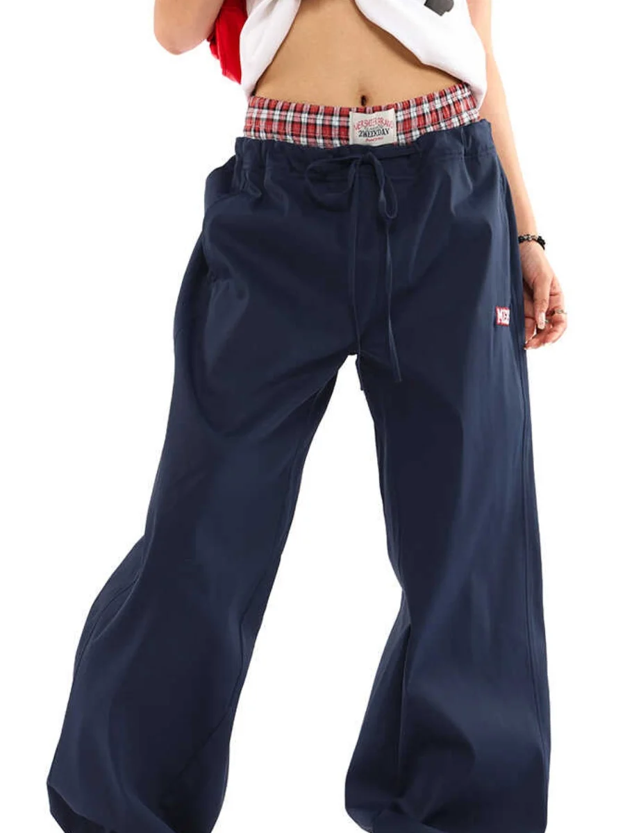 Hong Kong Style Plaid Patchwork Fake Two-Piece Casual Pants Women's Spring Autumn New Sporty High Waist Wide Leg Trousers