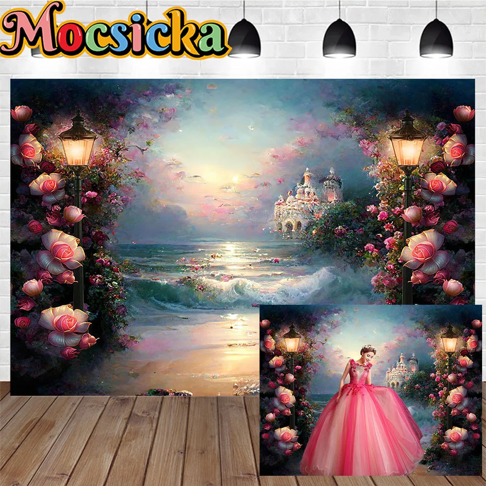 Fondo de fotografía artística de Castillo, princesa, niña, paisaje de las Maravillas, océano, flor, farola, decoración azul y rosa, telón de fondo brillante, utilería de estudio