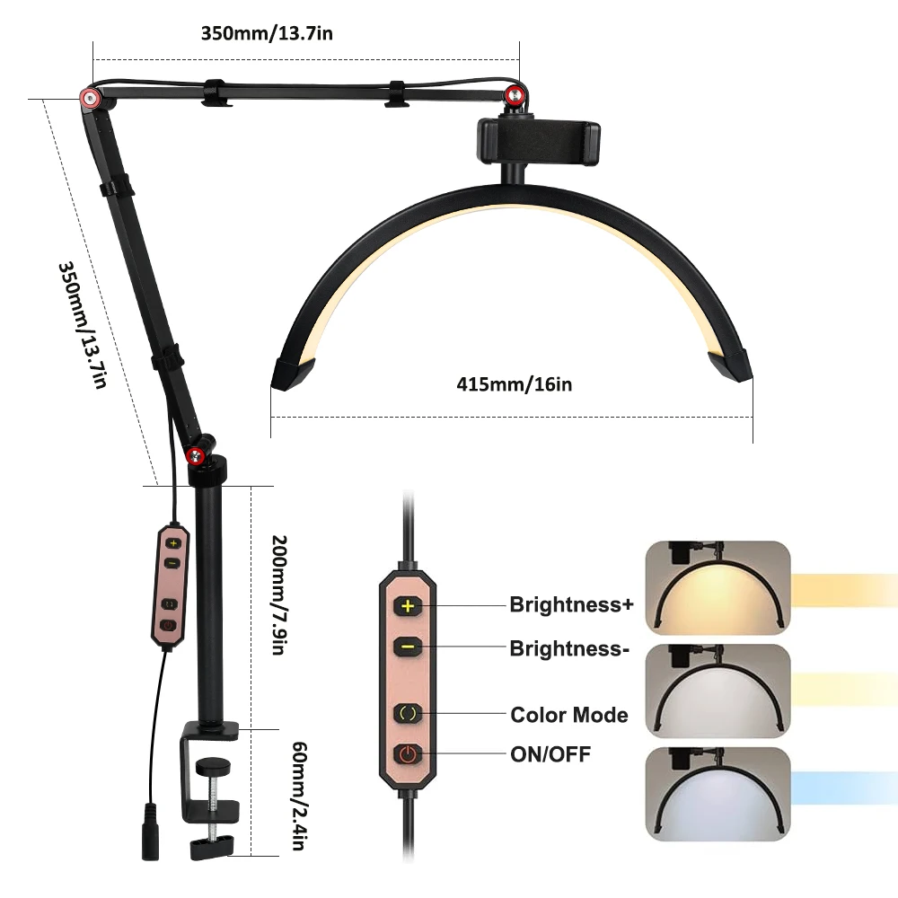 16 INCH Lash Light for Eyelash Extensions Half Moon Light 2 in 1 Foldable Lash Lamp Esthetician Light with Desk Clip for Tattoo