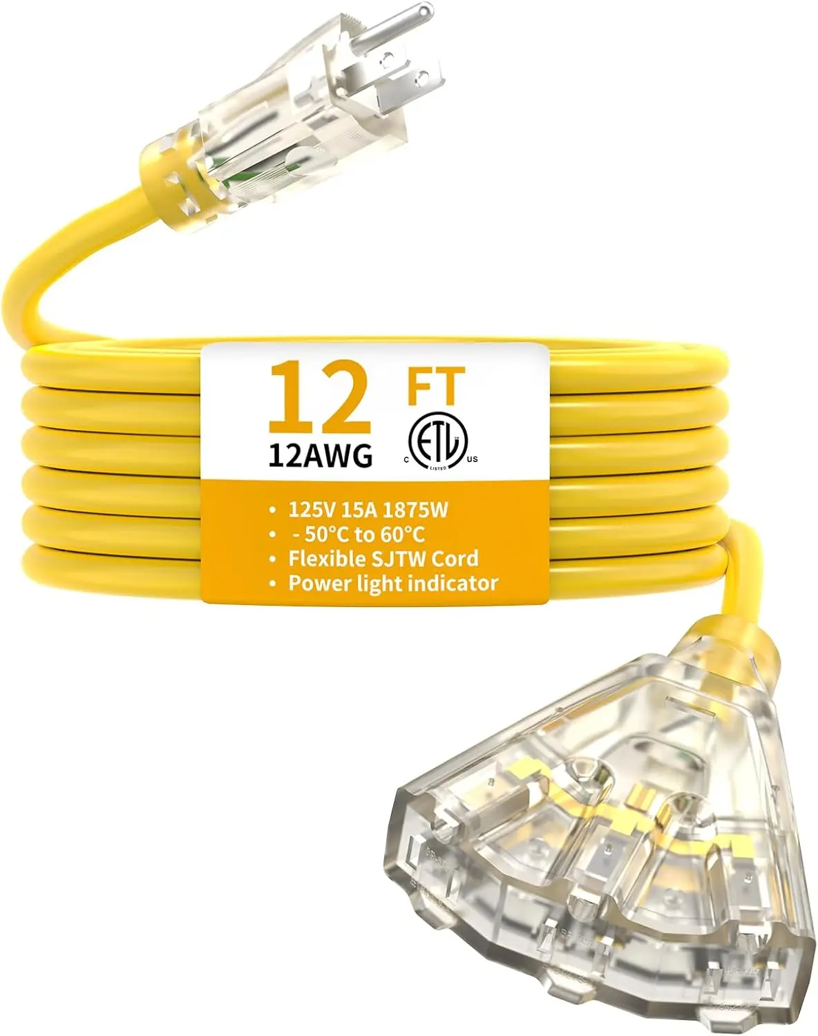 

12FT 12 Gauge Heavy Duty Outdoor Extension Cord with 3 Outlets Splitter & Lighted End, SJTW 15A 1875W Waterproof, ETL Listed