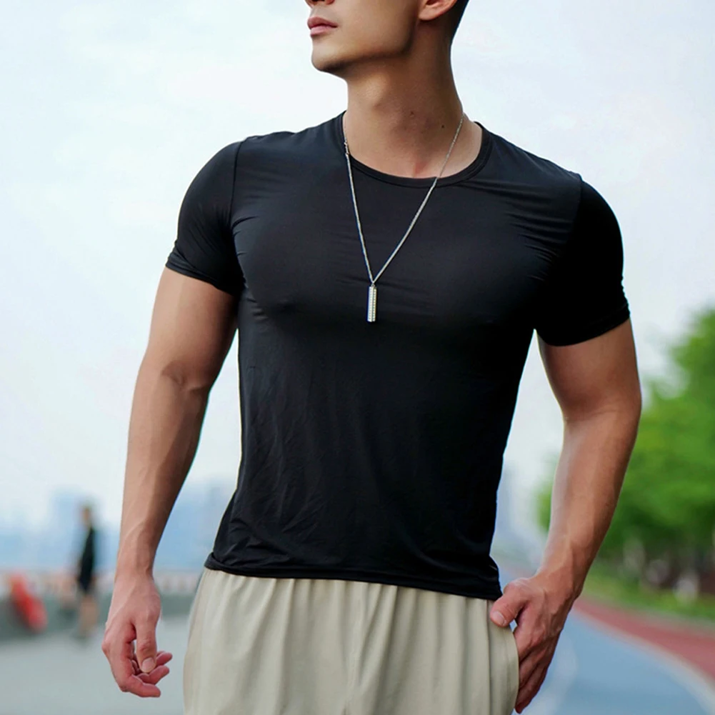 Short Sleeve Basic Tee Tops Base Shirt Tee Tops Summer Breathable Clothing Ice Silk Mans Round Neck Solid Color