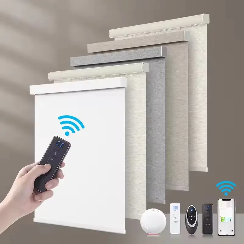 

Popular Smart Customized 100% Blackout Waterproof Fabric Connect Wifi Alexa Google Motorized Roller Blinds For Windows Blinds