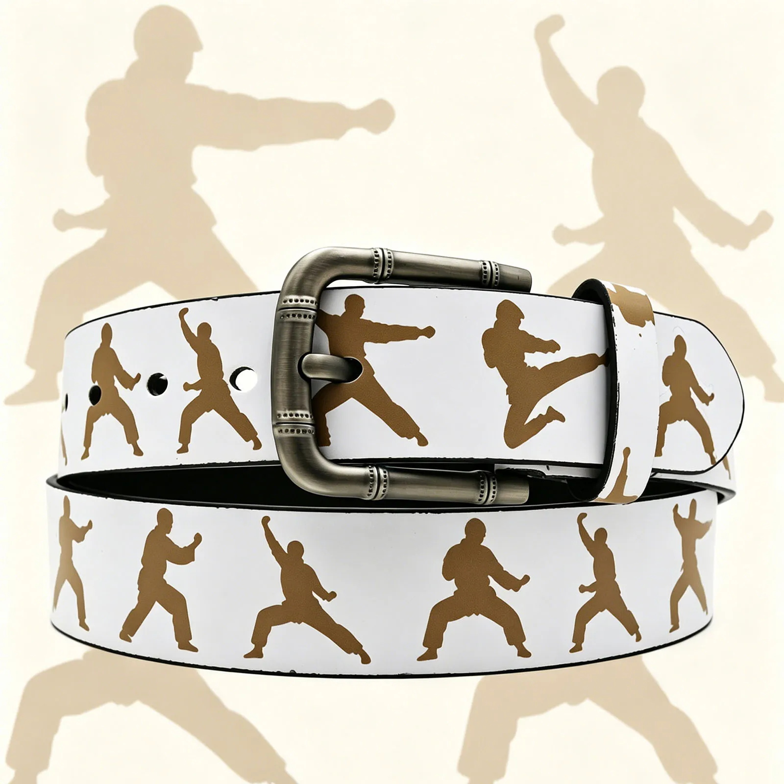 2026Vintage Kung Fu Fighter Silhouette Print Belt , Retro Metal Buckle Casual Streetwear Unique Martial Arts Pattern Jeans Belt
