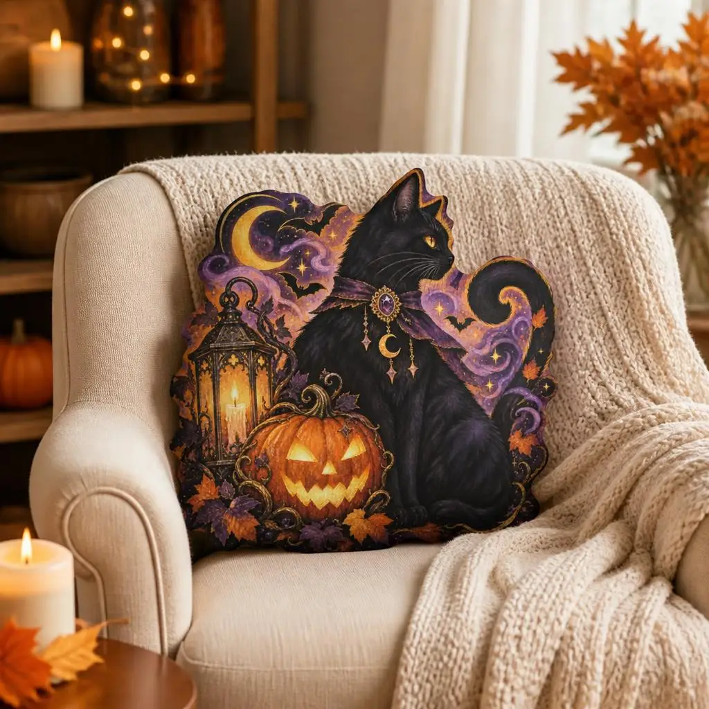 Halloween Black Cat Shaped Pillow Witchy Pumpkin Cushion Crescent Moon Throw Pillow Stuffed Sofa Home Decor Gift
