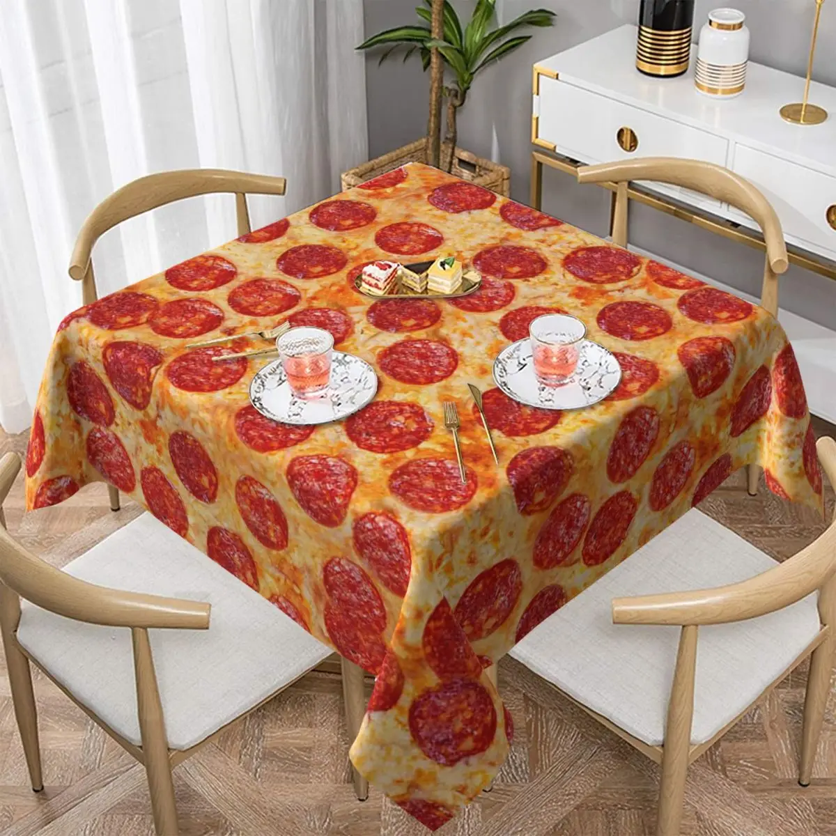 Realistic Pepperoni Pizza Pattern Waterproof Square Tablecloth Oilproof Table Cloth for Kitchen Events Dining Table Cover
