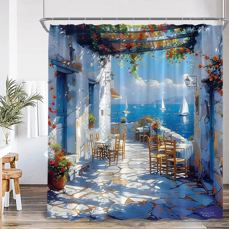 Seaside Town Shower Curtain Blue Ocean Floral Mountain Italian Architectural Scenery Bath Curtains Polyester Home Bathroom Decor