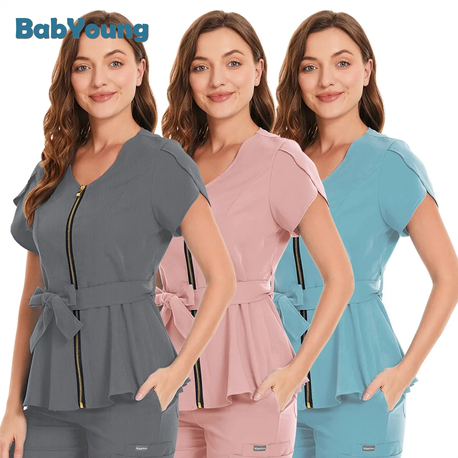 Vestuário de salão de beleza feminino manga curta, blusa temperamentada, blusa sexy com zíper, uniforme de enfermagem, 2 bolsos