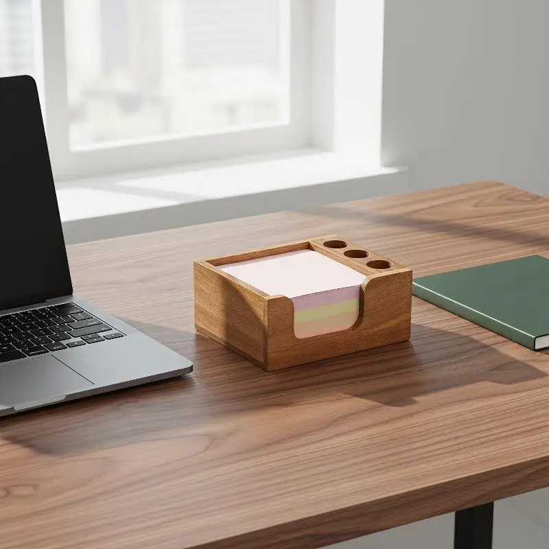 Minimalist Wooden Desk Organizer 3 Pen Holders Sticky Note Holder Pencil Stand for Office Home Student Desktop Use