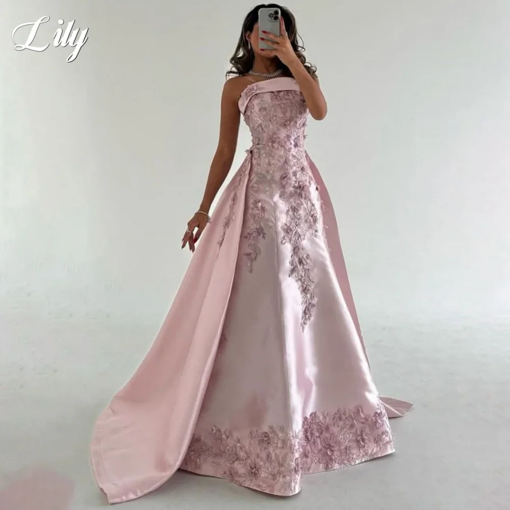 

Lily Pink Satin Mermaid Party Dresses Strapless Evening Dress Appliques Lace Pleats Floor Length Prom Gown for Women Customized