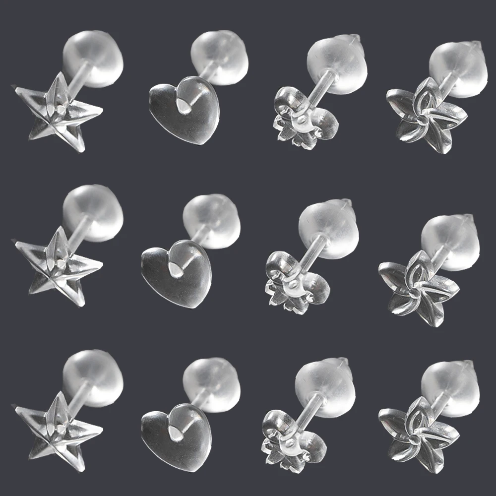 100pcs Invisible Star Heart Flower Plastic Earrings Backs with Earring Post for Sensitive Ears Sports Work Piercing Jewelry