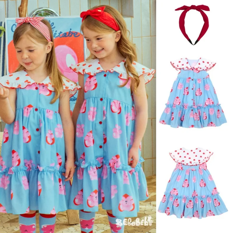 

Girls Dress 2025 Summer New Blue Print Fashion Children's Dress Cotton Sweet Lapel Korean Version Of The Girls Princess Skirt